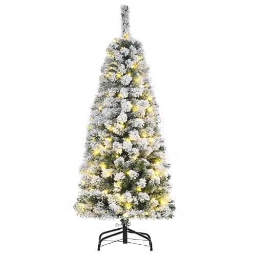 Image of HOMCOM 4FT Prelit Artificial Snow Flocked Christmas Tree with Warm White LED Light, Holiday Home Xmas Decoration, Green White