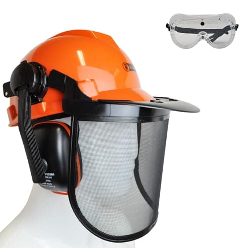 Image of RocwooD Orange Chainsaw Helmet Safety Hard Hat With Full Mesh Visor & Ear Defenders Forestry Protective Gear For Petrol Or Electric Brush Cutter Chain Saw Strimmer PPE Equipment Free Goggles