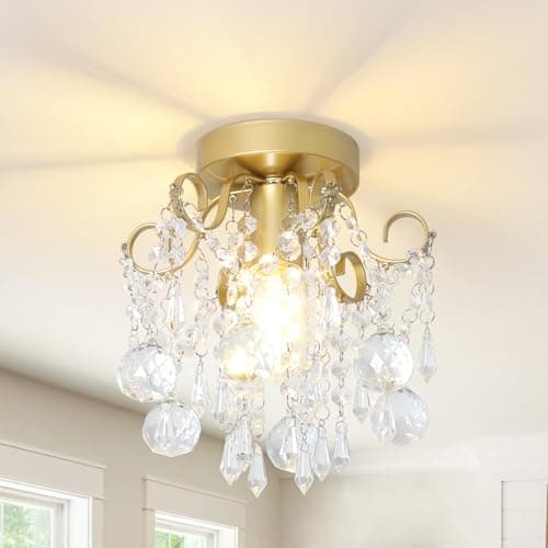 Image of Rayofly Ceiling Lights Living Room, Modern Crystal Chandeliers Ceiling Light, Gold Flush Ceiling Light with Glass Beads, K9 Crystal Ceiling Lights for Bedroom, Dining Room, Hallway Lights Ceiling