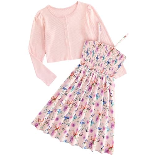 Image of JiAmy Girl Strap Dress and Cardigan 2Pcs Sets Toddler Summer Sleeveless Butterfly Floral Print A-line Dresses with Long Sleeve Coat Kids Casual Clothes for Girls 3-4 Years Pink
