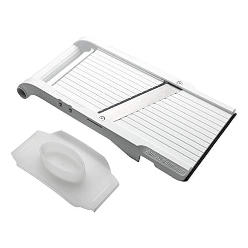 Image of Benriner Japanese Jumbo Mandolin Vegetable Slicer 11.5cm, White: Stainless Steel Blade with Adjustable Thickness & Safety Guard, Handheld Mandolin Slicer for Thinly Slicing Fruit & Vegetables, BN-120W