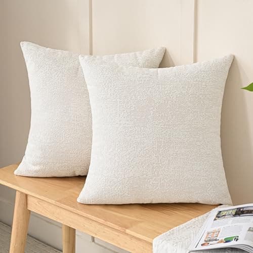 Image of Volcanics Pack of 2 Cream White Decorative Chenille Cushion Covers 45x45cm, Soft Accent Couch Throw Pillow Covers with Embossed Pattern, Modern Minimalist Style for Sofa Bedroom Living Room