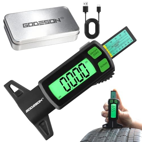 Image of GODESON Digital Tyre Tread Depth Gauge UK, USB-C Rechargeable 0-25.4mm/Inch Tyre Depth Gauge with Green Backlit LCD Display, High Precision Tire Measuring Tool for Cars, Trucks, Motorcycles