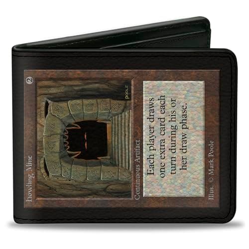 Image of Buckle-Down Wizards of the Coast Bi-Fold Wallet with Standard Billfold and Card Slots, Magic the Gathering Howling Mine Deckmaster Card Replica Color, Vegan Leather, Black, 4.0" x 3.5", Casual