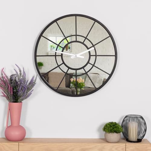 Image of CHARLES BENTLEY Buttermere Outdoor And Indoor Mirrored Wall Clock, Black Coating, Skeleton Design, Metal, Quiet Ticking, Garden Décor, Giant Open Face, Patio Clock, Living Room, Kitchen (50x50x4.5cm)