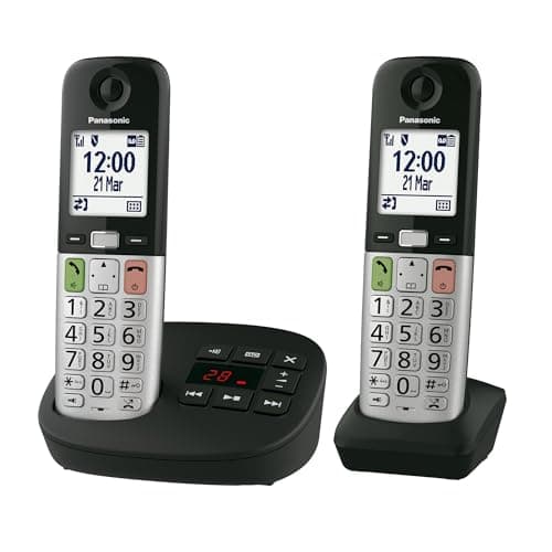 Image of Panasonic KX-TGU432EB Digital Cordless Landline Phone with Answering Machine, Base Unit & 2 Handsets, LCD Display, Fav Call, Torchlight, Hearing Aid Compatible, Black & Silver