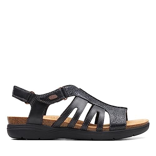 Image of Clarks Women's April Belle Flat Sandal, Black Leather, 5 UK