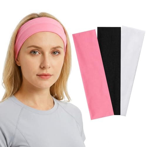 Image of Grevosea 3 Pcs Elastic Headbands for Women, Stretchy Fabric Workout Headbands Sweat Hairbands Sports Aesthetic Hair Bands for Working out Cycling Biking Gym Yoga Running (Black, Pink, White)