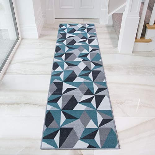 Image of Modern Thick Geometric Area Rug Runner Grey White Duck Egg Blue Kaleidoscope Living Room Lounge Hallway Bedroom Area Rugs 60cm x 240cm