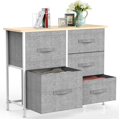Image of IMURZ Chest of Drawers,Fabric Storage Drawers wtih 5 Units Large Storage Space,Sturdy Steel Frame Chest of Drawers Bedroom for Living Room, Nursery Room, Hallway etc, Gray, 30 x 85 x 70 cm