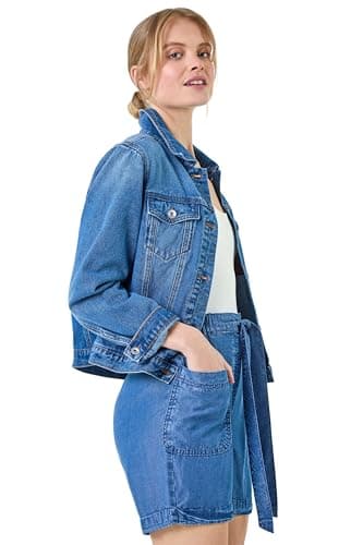 Image of Roman Originals Jean Denim Jacket for Women UK Ladies 100% Cotton Summer Casual Stretch Crop Smart Utility Trucker Biker Fitted Vintage Wash Faded Classic Work Twill - Blue - Size 16