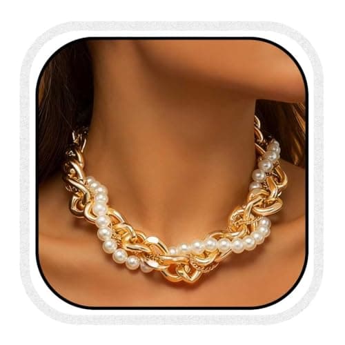 Image of Fashband Gold Pearl Choker Necklace Gold Cuban Chunky Necklaces Chain Fashion Jewelry for Women