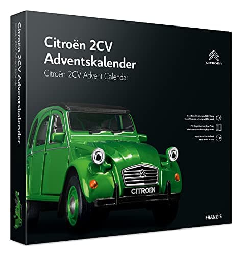 Image of Franzis 55154 Citroen 2CV Advent Calendar Green Metal Model Kit in Scale 1:38 Includes Sound Module and 50 Page Accompaniment Book