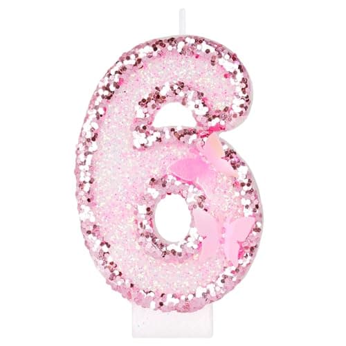 Image of Alaoo Butterfly Birthday Candles, Pink Number 6 Candle Glitter 6th Number Candle 6th Cake Topper for Girls Butterfly Theme Party Themed Birthday Decorations Party Supplies