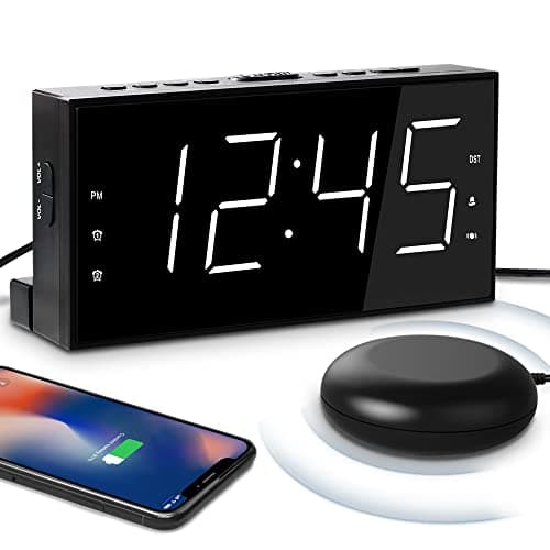 Image of Mesqool Loud Alarm Clock with Bed Shaker for Deaf, Heavy Sleepers, Hearing Impaired,Dual Alarm,USB Phone Charger,Large LED Display,Big Snooze Button,DST 12/24H,Battery Backup, Adjustable Dimmer(White)
