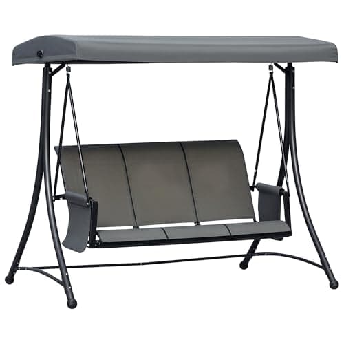 Image of Outsunny 3 Seater Garden Swing Seat Outdoor Swing Chair with High Back Design, Steel Frame, Side Pouches, Adjustable Canopy, Charcoal Grey