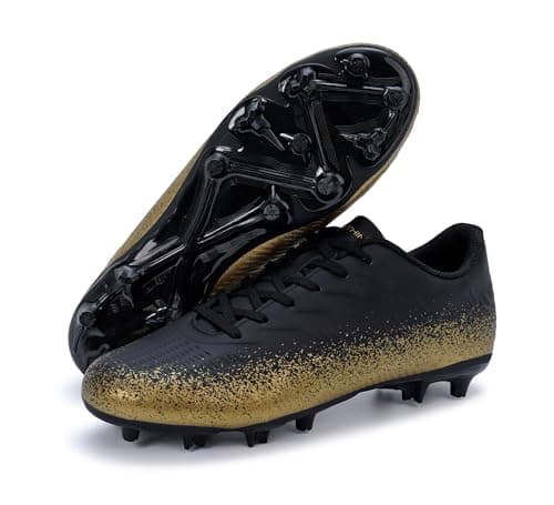Image of FEETHING Unisex Adults Football Boots for Men Women - Multi Ground Anti Slip Soccer Cleats with Lightweight Cushioning(7UK, Black/Gold)