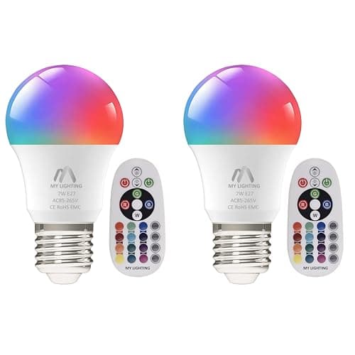 Image of My Lighting 7W E27 LED Bulbs | RGB + Warm White 3000K, 16 Million Colors, Dimmable | 806 Lumens, Remote Control | Energy-Saving Edison Screw LED Lights for Home Décor & Mood Lighting (Pack of 2)