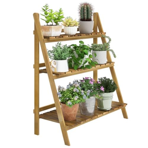 Image of Outsunny Wooden Folding Flower Pot Stand 3 Tier Garden Planter Display Ladder Gardener Storage Shelves Rack Herb Holder (80L x 37W x 93H cm)