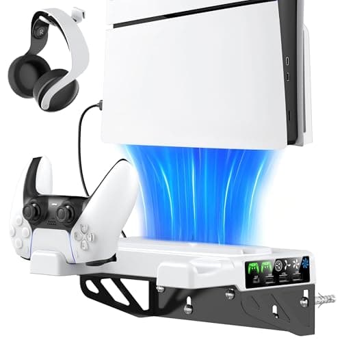 Image of Tokluck PS5 Wall Mount Kit with Cooling Fan & Charging Station, PS5 Shelf Floating Mount for PlayStation 5/Slim/Pro Disc & Digital Console, PS 5 Wall Bracket Behind TV, PS Five Pro Accessories