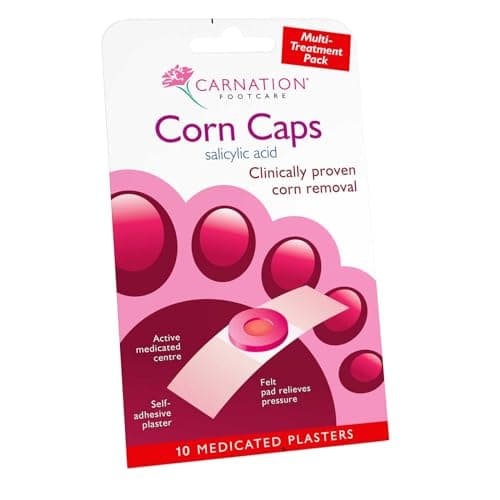 Image of Carnation Footcare Corn Caps x 10, all-in-one, Salicylic Acid paste with soft felt corn ring. Relieves pressure and pain. One step application.