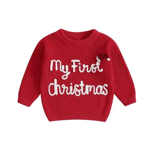 Image of Geagodelia Kids My First Christmas Embroidered Knitted Jumper Baby Boys Girls Oversized Chunky Knit Sweater Pullover Autumn Winter Clothes Outfit (My First Christmas Hat Red, 6-9 Months)