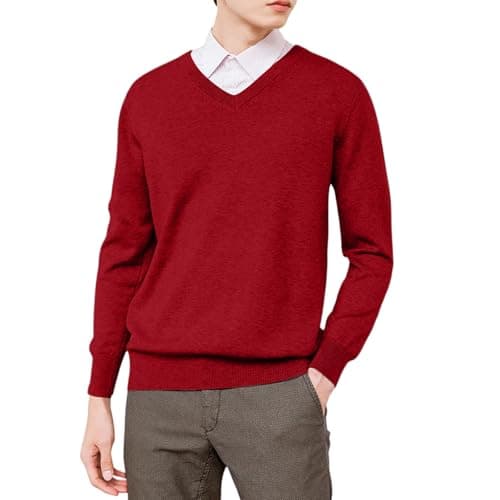 Image of Mens Fleece Tops Jumpers for Men UK Sweaters V Neck Long Sleeve Pullover Thermals Sweater Lightweight Knitwear Classic Fit Soft Material Ribbed Cuffs Hem Versatile Top red Cardigans Work