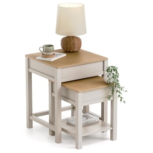 Image of CHRISTOW Nest of Tables with Storage, Set of 2 Side Tables with Removable Oak-Effect Tops, Space-Saving Nesting Design for Living Room, Sturdy MDF with Matte Painted Pebble Finish, H53 x W43 x D41cm