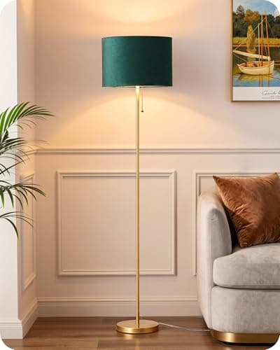Image of EDISHINE Modern Floor Lamp for Living Room, Vintage Green Velvet Lampshade, 57'' Tall Standing Lamp with Pull Chain Switch, Brushed Gold Pole, E27 Socket, 2700K LED Bulb Included