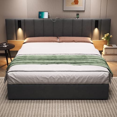 Image of 5ft King Size Bed Frame with Hydraulic Storage&Adjustable Bedside Shelf, Velvet Functional Upholstered Ottoman Bed with Charging Station&Reading Light, Gas Lift Up Bed with Slats, No Mattress, Grey