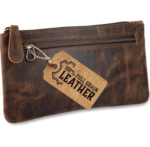 Image of moonster Leather Pencil Case Pouch, Handcrafted Leather Pen Case with Zipper That’s Made to Last - Elegant & Practical Brown Leather Pencil Cases for Adults, Unique 20x10cm Design with Side Pocket