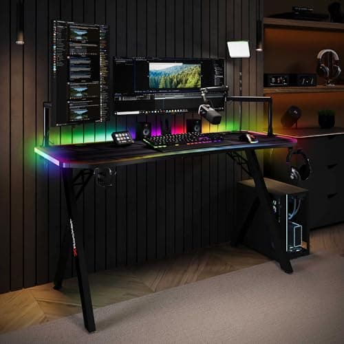Image of X-Rocker Lumio XL 140cm x 60cm, RGB LED Gaming Desk - App-Controlled Lights, Large Dual Monitor, Headphone Hook, Cup Holder, Sturdy Metal Frame for Adults & Kids - Black - Mouse Mat Included