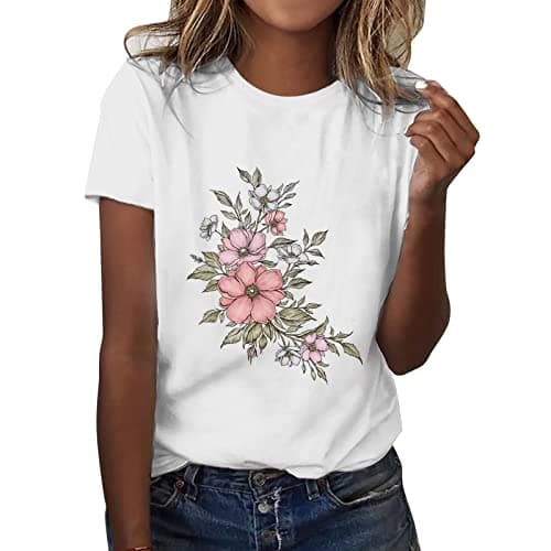 Image of Womens T-Shirts Casual Floral Printing Comfortable T-Shirt for Women UK Round Neck Short Sleeve T Shirt Ladies Lightweight Summer Tee Tops Loose Fit Crewneck Tee Shirts(04# Beige,S)