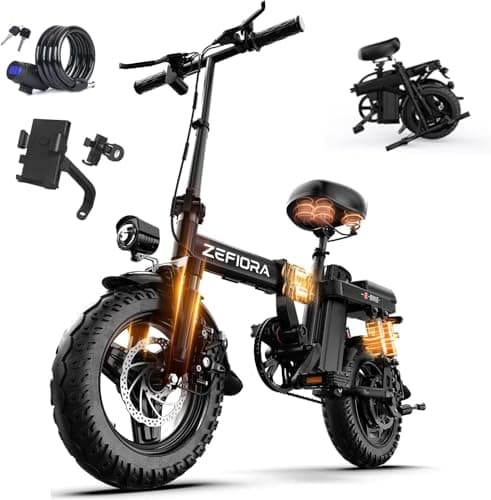 Image of ZEFIORA Electric Bike, 250W Powerful Motor, 48V 15AH Removable Battery, 60 KM PAS Range, 14" Folding Ebike with Phone Holder & Lock, Electric Commuter Bicycle for Adults Teens, Full Suspension