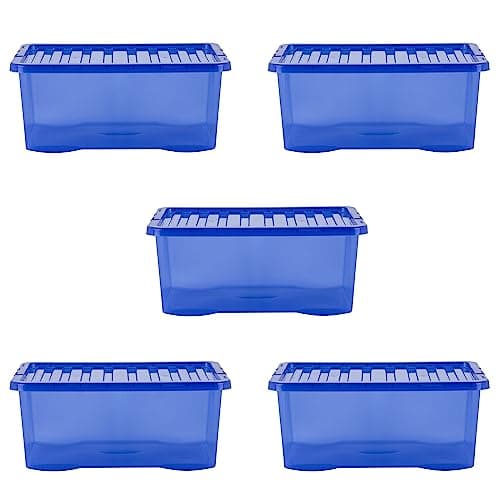 Image of Wham Crystal 5 x 45L Stackable Plastic Storage Boxes with Lids | Ideal for Home, Office, Toys & More | Large Boxes | Made in UK - Spectrum Blue