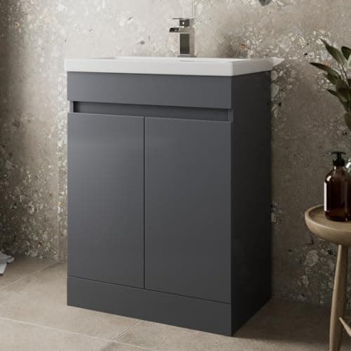 Image of Artis® 600mm Vanity Unit Basin Sink Storage Cabinet, Soft Close Doors Hinges, Floorstanding Bathroom Furniture Cupboard, Grey Gloss