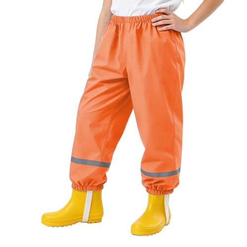 Image of Kids Waterproof Trousers Lightweight Girls Boys Rain Overtrousers with Reflective Strips Mud Proof Rainy Pants Outdoor School RainWear for Children Age 3-9 (UK, Age, 3 Years, 4 Years, Regular, Orange)