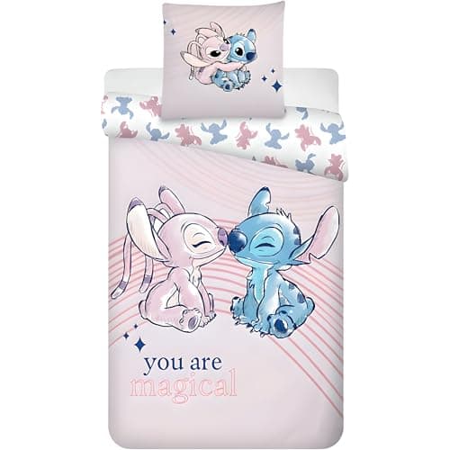 Image of Disney Stitch & Angel “You Are Magical” Bedding Set | Single Size Duvet Cover 140x200 cm & Pillowcase 50x70 cm, 100% Cotton | Soft & Breathable Stitch Bedlinen Set Design for Kids