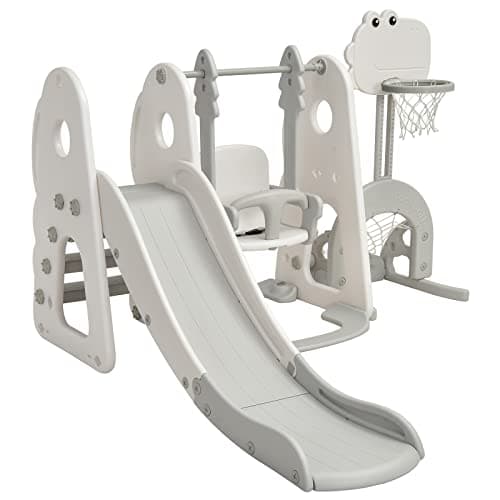 Image of Maxmass Toddler Slide and Swing Set, Children Playground Playset with Basketball Hoop, Long Slide and Climb Ladder, Indoor Kids Play Area for Boys Girls (Grey+White, 173x191x120cm)