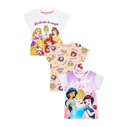 Image of Disney Princess Girls T-Shirts Pack of 3, 3PK Princess T-Shirts, Summer Tops for Girls (5-6 Years) Multicoloured