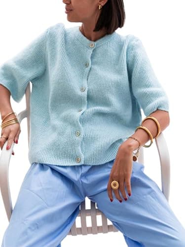 Image of Acrawnni Women Y2k Crop Knit Cardigan Button Down Short Sleeve Ribbed Knitted Crop Top Sweater Knit Tops Outwear Streewear (B-Blue, S)
