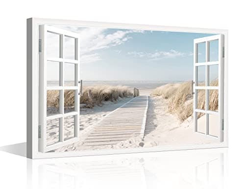 Image of Beach View 3D Window Effect Canvas Prints Wall Decor Seaside Landscape Pictures Print on Canvas Wall Art for Bedroom Living Room Bathroom Office Home Decorations Ready to Hang - 24" W x 16" H