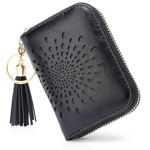 Image of APHISON Credit Card Holder RFID Blocking Leather for Women Small Zipper Card Case with 10 Card Slots 1 ID Window 2 Cash Pockets & Removable Keychain (Sunflower)