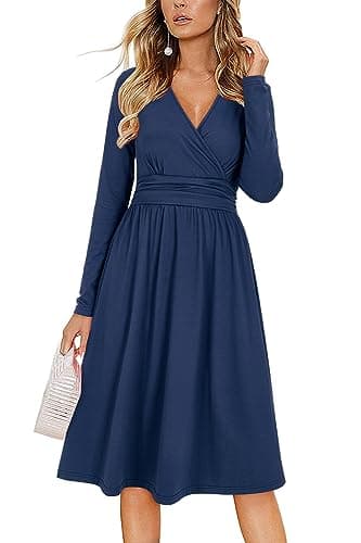Image of OUGES Women's Fall Long Sleeve V Neck Navy Blue Wedding Guest Dress with Pockets Ladies Midi Dress for Winter(Navy Blue,M)