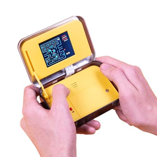 Image of PAC-MAN Arcade Game in a Tin. Full Colour 8-bit Game with Original Sounds & Graphics. Classic PAC-MAN Gameplay. Includes 2.4” Screen. Officially Licensed PAC-MAN Merchandise.