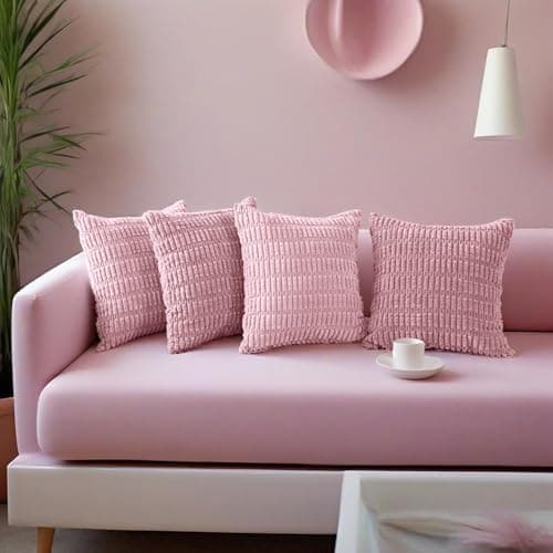 Image of Hibate Pink Corduroy Cushion Covers 45 x 45 cm Set of 4 Boho Decorative Square Throw Pillow Covers 18x18 Inch for Home Bohemian Decor Living Room Bedroom Sofa Couch