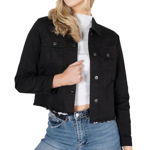 Image of NOROZE Women's Denim Jacket Cropped Denim Jacket Women Ripped Self Fabric Distressed Hem Casual Jean Coat (16, Black)