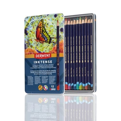 Image of Derwent Inktense Permanent Watercolour Pencils, Set of 12 in a Tin, 4mm Premium Core, Water-Soluble, Ideal for Colouring, Painting and Crafting, Professional Quality (0700928)