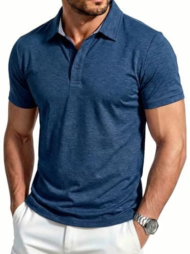 Image of EKLENTSON Men's Lightweight Polo Shirt Breathable Golf Short Sleeve Shirt Casual Collared Shirt,Dark Blue,S