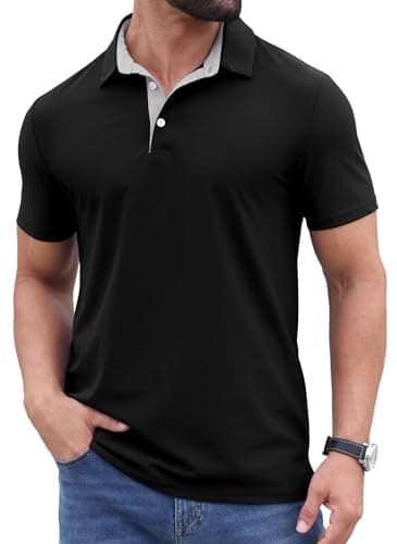Image of PrinStory Mens Short Sleeve Polo Shirts Summer Basic Work T-Shirt Tops Casual Classic Golf Polos (Black, L)